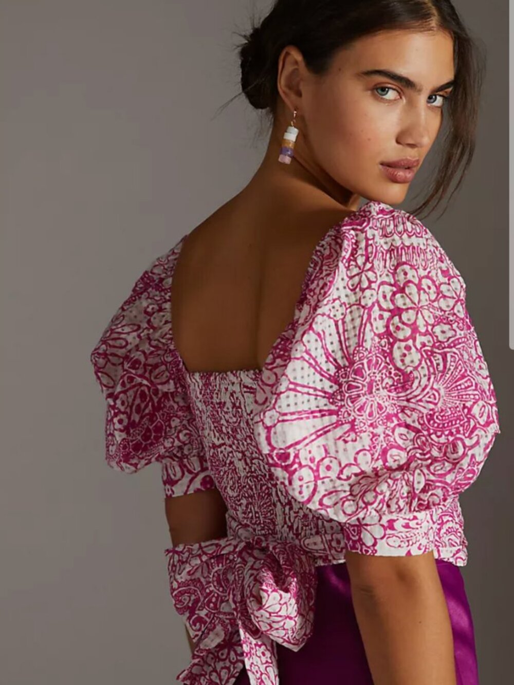 Maeve Pink Floral Puff-Sleeve Smocked Back Blouse